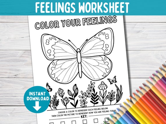 Feelings Emotions Coloring Page for Kids | Art Play Therapy Worksheet | School Social Work | Adult Teen Butterfly Coloring Sheet