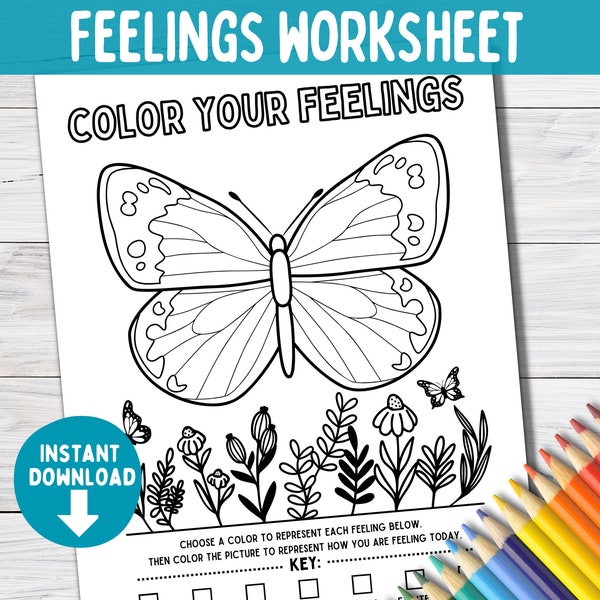 Feelings Emotions Coloring Page for Kids | Art Play Therapy Worksheet | School Social Work | Adult Teen Butterfly Coloring Sheet