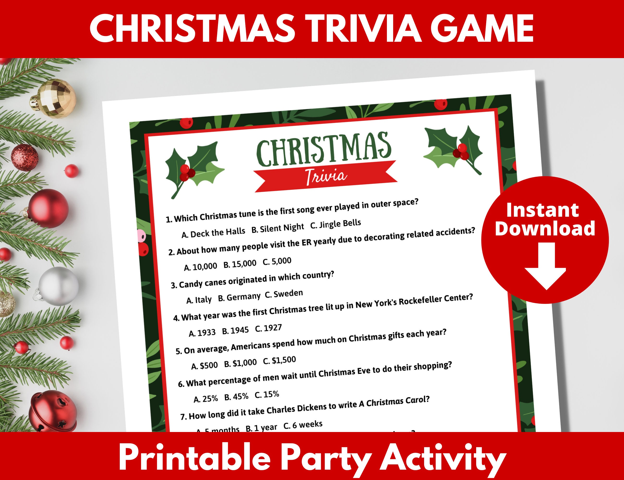 Christmas Trivia Game Printable Holiday Party Activity - Etsy