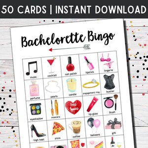 Bachelorette BINGO Imprimible 50 Tarjetas Únicas / Juegos de Ducha Nupcial / Despedida de Soltera / Despedida de Soltera / Juego de Actividad de Ducha de Boda