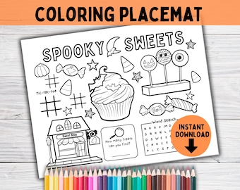 Cute Halloween Coloring Placemat Printable | Birthday Party Activity | Preschool Classroom Art Craft Activities | Colouring Page Sheet Decor