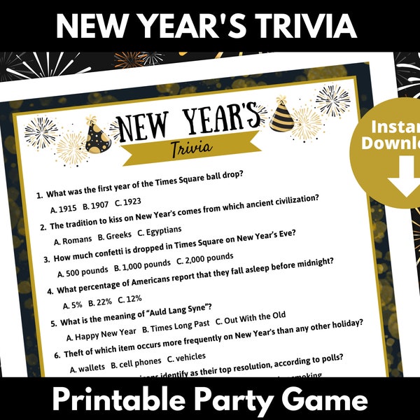 New Year's Trivia Game | New Years Eve Party Printable Games | NYE party game