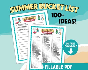 Peut inclure: Deux feuilles imprimables de liste de choses à faire pour l'été avec des graphiques colorés et le texte "Summer Bucket List" et "100+ Idées !" Les listes incluent des activités comme la natation et la visite du zoo. Les mots "Téléchargement instantané" et "PDF remplissable" sont également visibles.