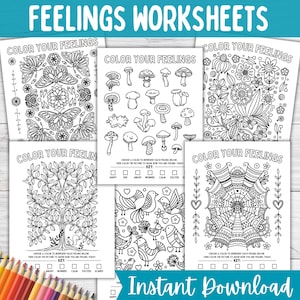 Feelings Nature Coloring Page Worksheet BUNDLE for Kids Teens or Adults | Emotions Check-in Therapy Template Tools | School Social Work SEL