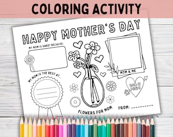 Mothers Day Coloring Placemat Printable | Mother's Day Coloring Page for Kids | Gift for Mom or Stepmom | Preschool Classroom Activity Craft