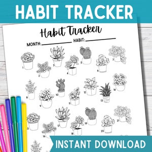 May include: Black and white printable habit tracker with 21 succulent plant illustrations. The tracker has spaces for the month and habit name. The text "Instant Download" is at the bottom of the page.