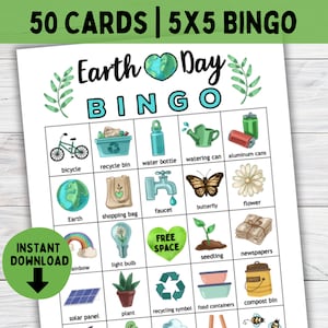 Earth Day BINGO-Karte für Kinder und Jugendliche, 50 Karten und Marker, Earth Day Recycling druckbare Klassenzimmeraktivität, April Class Party Games