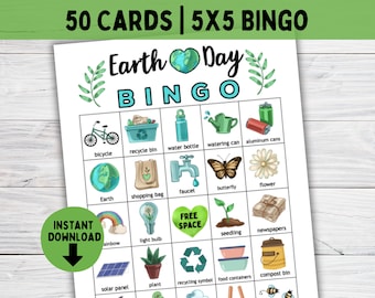 Earth Day BINGO Card for Kids and Teens, 50 Cards and Markers, Earth Day Recycling Printable Classroom Activity, April Class Party Games