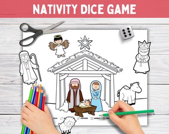 Christmas Roll a Nativity Dice Game, Christian Preschool Activity, Kids Holiday Party Games, PSR Classroom Art Activities, Coloring Craft
