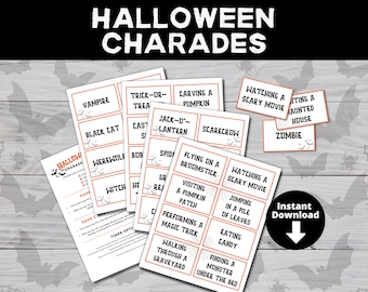 May include: A printable Halloween charades game with a set of cards featuring various Halloween-themed words and phrases, such as "vampire", "trick-or-treat", "carving a pumpkin", "flying on a broomstick", and "watching a scary movie". The cards are printed on white paper with black text and a spiderweb design. The game is available for instant download.