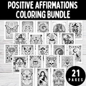 PAQUETE de páginas para colorear de afirmaciones para adolescentes y adultos, hojas de trabajo de arteterapia de salud mental con cartas del tarot para el amor propio, la ansiedad y la depresión