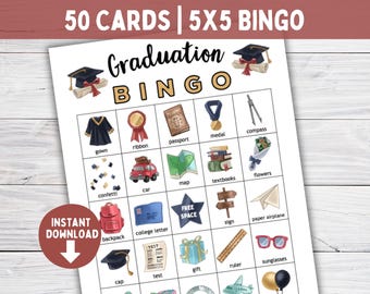 Graduation BINGO Card SET, 50 Cards & Markers, Graduation Games, Grad Party, Fun Printable Party Games, High School Graduate, 2025 Seniors
