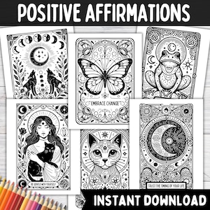 Páginas para colorear de afirmaciones para adolescentes y adultos / Hojas para colorear de cartas del tarot de arteterapia para la salud mental sobre el amor propio, la ansiedad y la depresión