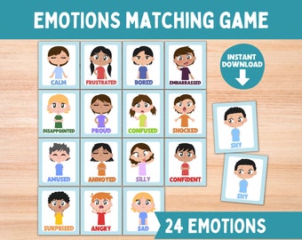 May include: A printable emotions matching game with 24 cards featuring cartoon faces expressing different emotions. The cards are arranged in a grid on a wooden surface. The text "INSTANT DOWNLOAD" is visible in a blue circle with a downward arrow.