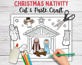 Christmas Nativity Craft for Kids, Christian Cut and Paste Art Activity, Classroom Holiday Party Activities, Paper Crafts Cut and Paste