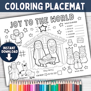 Christmas Nativity Coloring Placemat Printable, Holiday Party Activity, Christian Preschool Classroom Art Activities, Joy to the World Craft