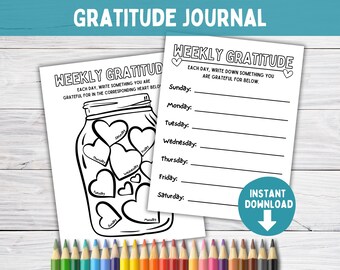 Weekly Gratitude Jar Journal for Kids and Teens, Printable Gratitude Practice Worksheet,  Art Therapy Counseling Activity, Daily Affirmation