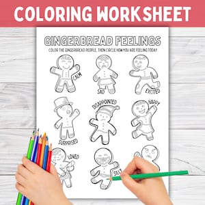 以下が含まれることがあります： 「Gingerbread Feelings」というタイトルのぬりえワークシートには、さまざまな感情を表現するジンジャーブレッドマンが描かれています。ワークシートには、「Calm（落ち着いた）」、「Sad（悲しい）」、「Excited（興奮した）」、「Surprised（驚いた）」、「Disappointed（がっかりした）」、「Happy（嬉しい）」、「Loved（愛されている）」、「Silly（おちゃめ）」という言葉が含まれています。