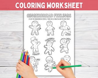 Feelings Emotions Christmas Coloring Page for Kids, Gingerbread Adult Teen Winter Holiday Colouring Sheet, Art Play Therapy, SEL Worksheet