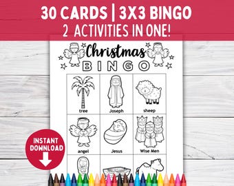 May include: A black and white printable Christmas Bingo card with 3x3 squares. Each square features a different Christmas image, including a tree, Joseph, sheep, angel, Jesus, wise men, a star, and a manger. The text "30 CARDS | 3X3 BINGO" and "2 ACTIVITIES IN ONE!" is at the top of the card. The text "Christmas BINGO" is in the center of the card. The text "tree", "Joseph", "sheep", "angel", "Jesus", "Wise Men" is below each image. The text "INSTANT DOWNLOAD" is in a red circle with a downward arrow.