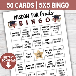 Abschluss-BINGO-Karten-Set, 50 Karten und Marker, druckbare Partyspiele für den Abschluss, Ratschläge mit Worten der Weisheit für Absolventen, Abschluss-Geschenkspiel
