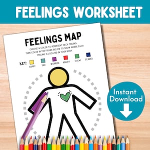Foglio di lavoro con mappa dei sentimenti di salute mentale per bambini / Mappatura delle emozioni sul corpo stampabile / Lavoro sociale scolastico / Fogli di lavoro CBT / Terapia del gioco