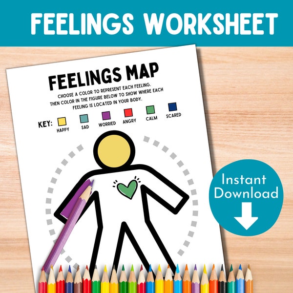 Mental Health Feelings Map Worksheet for Kids| Mapping Emotions on Body Printable | School Social Work | CBT Worksheets | Play Therapy