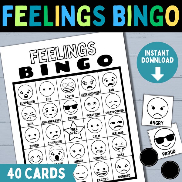 Emotions Feelings BINGO Game for Kids and Teens | Printable Emoji Bingo Cards | Classroom SEL or Group Therapy Activity | School Social Work