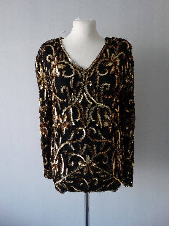 Vintage Joseph Le Bon Lentejuelas Blusas Top de manga larga Seda Dorada y negra S M Etsy Mexico