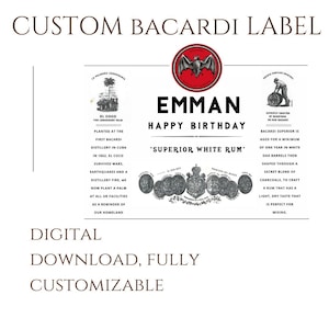 Niestandardowa etykieta Bacardi, pobieranie cyfrowe, spersonalizowana etykieta Bacardi: etykieta na ciasto lub butelkę, etykieta na likier Bacardi, etykieta na rum, szablon etykiety