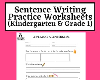 Learn to Write Sentences, Kindergarten, Grade 1, Sentence Writing Practice Worksheets, Cut, Build, Write and Draw Sentences