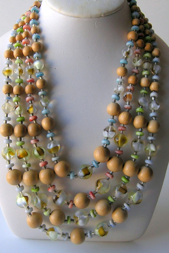 Vintage Givre Glass and Wood Bead 4 Strand Necklac