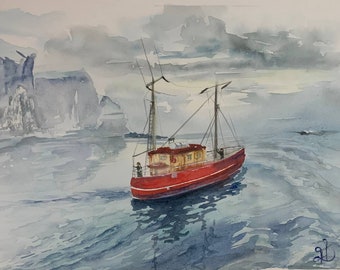Boat Painting Painting Seascape Watercolor Original Painting By Varnavskaya