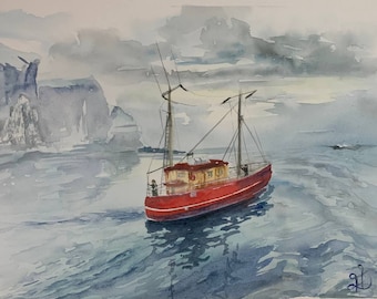 Boat Painting Painting Seascape Watercolor Original Painting By Varnavskaya