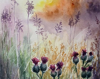 Flower Painting Sunrise Meadow Painting Thistle Art Original Watercolor Painting Landscape Painting Gift For Her Interior Art By Varnavskaya