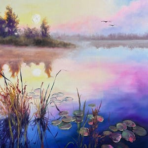 Sunset Over Water Lilies Painting Landscape Painting Narure Art Original Painting Oil Painting On Canvas By Varnavskaya