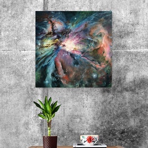 May include: A painting of a nebula in shades of blue, green, pink, and red. The nebula is surrounded by a dark background with scattered stars.