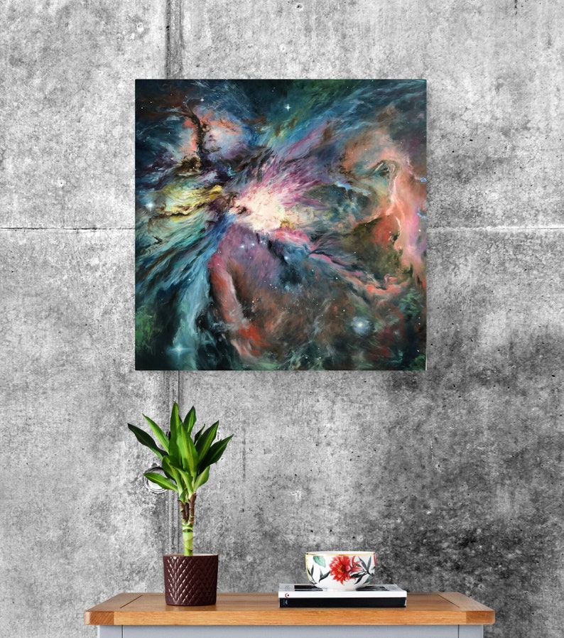 May include: A painting of a nebula in shades of blue, green, pink, and red. The nebula is surrounded by a dark background with scattered stars.