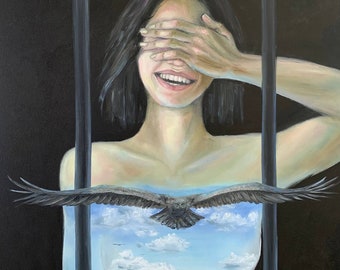 Ritratto di donna surrealista, dipinto a olio originale su tela di Varnavskaya