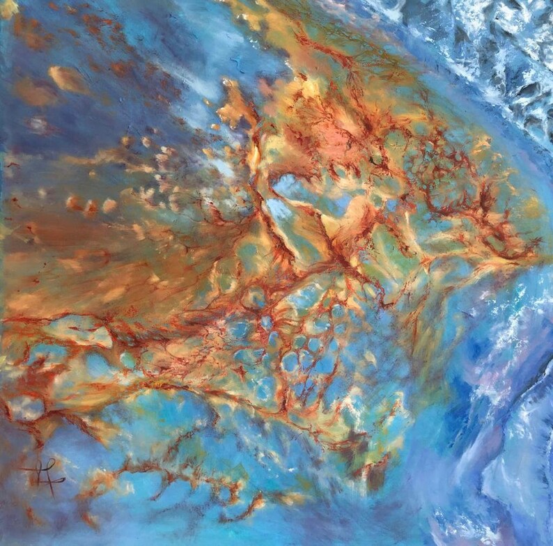 May include: Abstract painting with a blue, green, and orange color scheme. The painting features a swirling, organic pattern with a variety of textures.