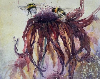 Bee Painting Flower Painting Sunset Painting Abstract Art Violet Yellow Art Watercolor Painting Gift For Her Original Art By Varnavskaya