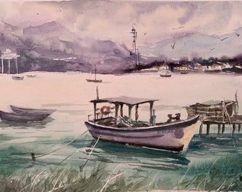 水彩画 風景 ボートと湖 モノトーン　＊交渉可 水彩画 風景 ボートと湖 モノトーン ＊交渉可 水彩画 風景 ボートと湖