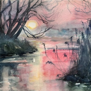 Sunset Painting Pink Landscape Painting Pond Painting Original Watercolor Painting Handmade Art By Varnavskaya