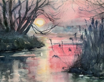 Pintura de puesta de sol, pintura de paisaje rosa, pintura de estanque, pintura original en acuarela, arte hecho a mano por Varnavskaya.