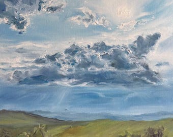 印象派風雲風景画、オリジナル油絵、6×8インチ、キャンバスパネルに