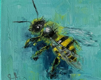 Bee Painting Minimalist Painting Original Oil Painting On Hardboard Square Small Painting By Varnavskaya