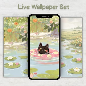 May include: A smartphone displays a whimsical live wallpaper set. The main screen features a black cat in a pink and white inner tube in a pond. The background shows a serene landscape with flowers and lily pads. The words "Live Wallpaper Set" are at the top.