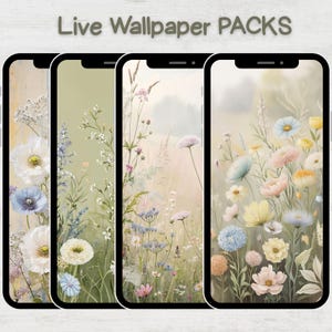 Könnte beinhalten: Vier Smartphones, die florale Live-Wallpaper-Pakete anzeigen. Jedes Telefon zeigt ein anderes Aquarelldesign mit verschiedenen Blumen in sanften Pastellfarben. Der Text "Live Wallpaper PACKS" befindet sich oben.