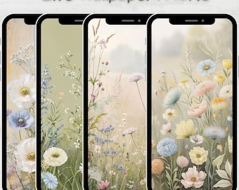 Paquete de fondos de pantalla animados de flores pastel, fondo de pantalla animado para teléfono, descarga digital de pantalla de bloqueo para iPhone y Android con prado floral estético.