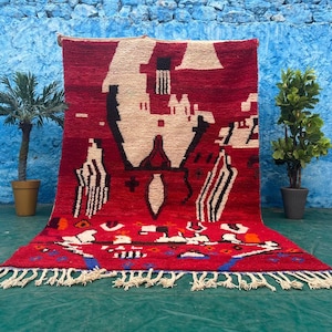 Red Berber Rug – Handmade Moroccan Wool Carpet – Unique Tribal Art Design – Custom Size Available – Bohemian Home Decor
